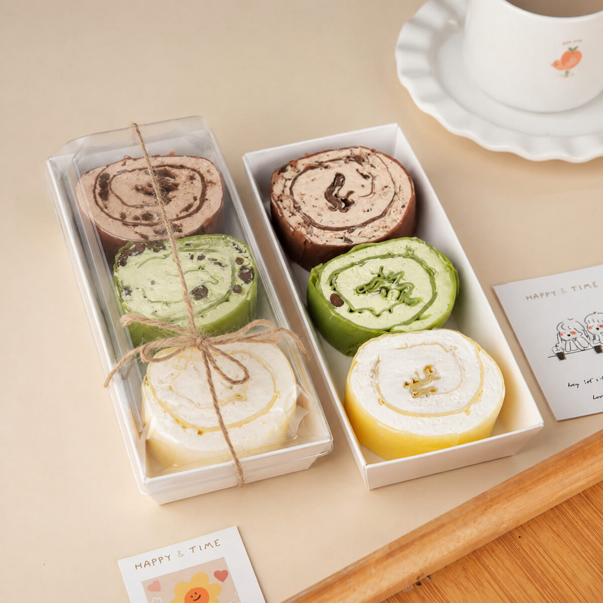 Open and clear-lidded cake roll trays holding chocolate, matcha and cream slices