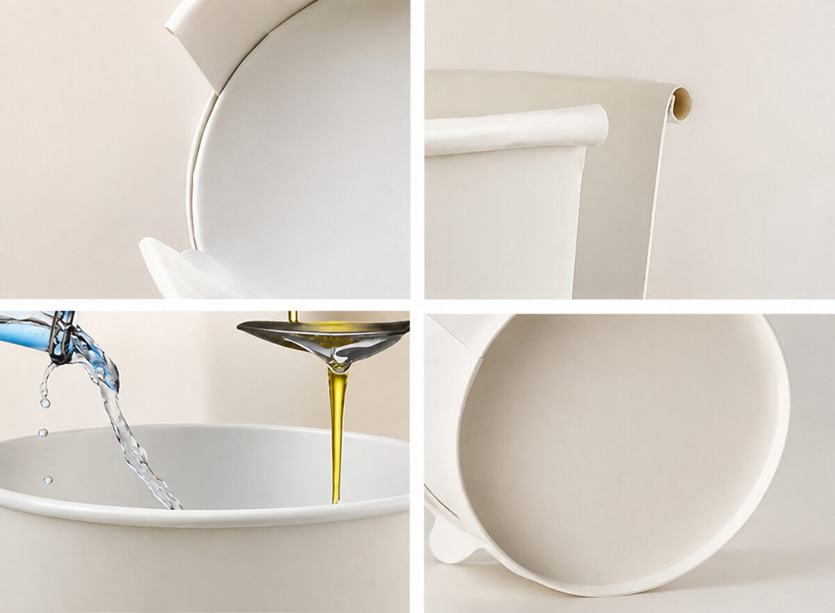 Four paper bowl detail views showing rolled rim cross-section, inner seam, pouring demonstration and closed interior