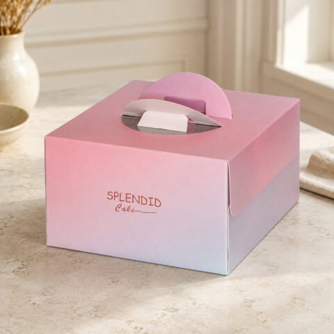 Pink and pale-blue gradient cake box with an integral folding top handle and Splendid Cake print
