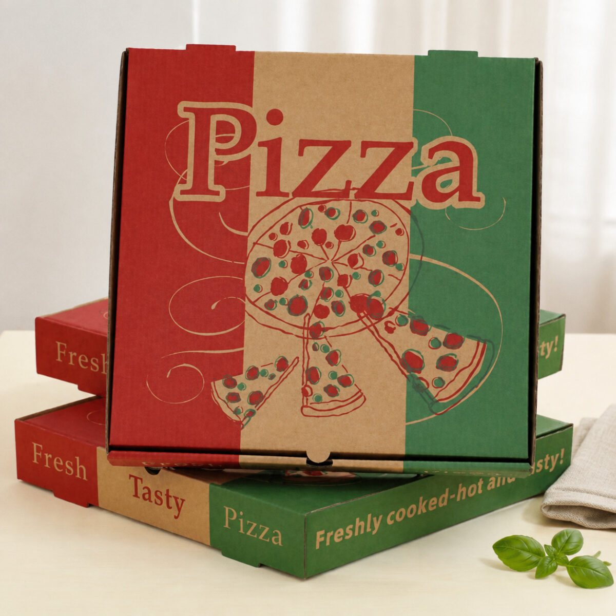 Three kraft pizza boxes printed with red and green bands beside basil and a linen napkin