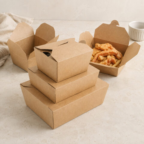 Plain Kraft Fried Chicken Boxes Kraft takeaway cartons in three stacked sizes with open cartons behind