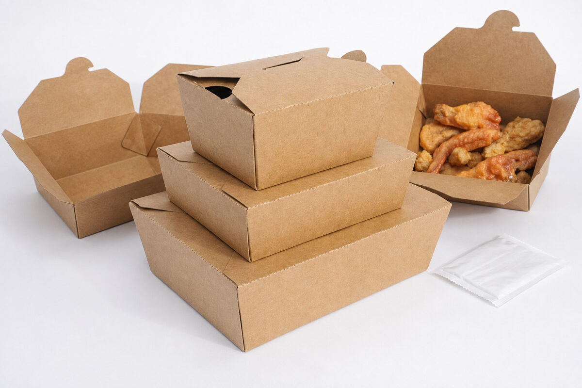 Five plain kraft takeaway cartons showing three stacked closed sizes and two open boxes