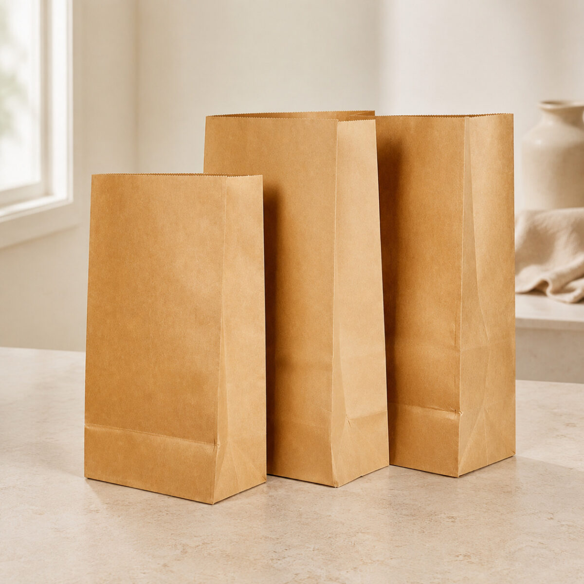 Kraft Takeaway Paper Bags without Handles Three plain kraft takeaway bags in different sizes with side gussets and folded rectangular bottoms