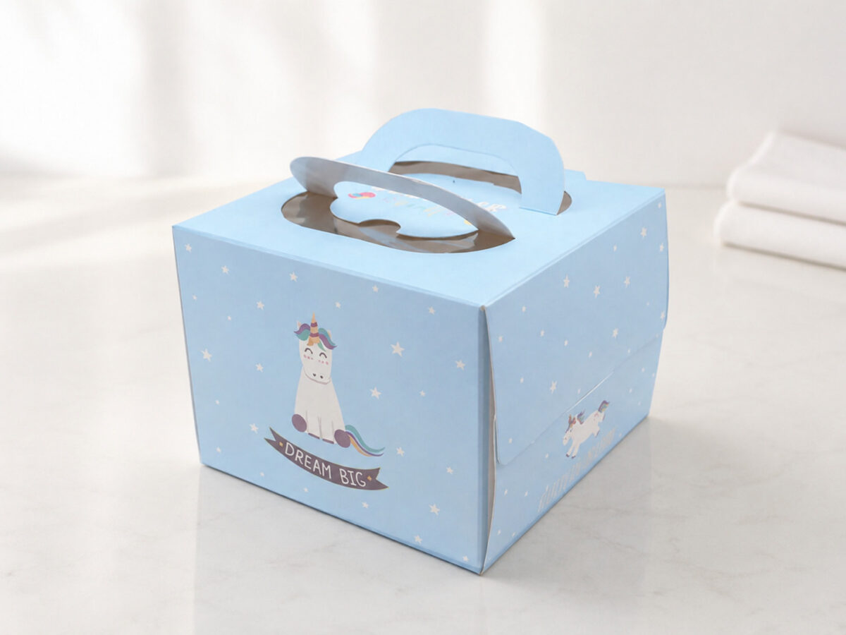 Blue carry-handle cake box with unicorn and star artwork