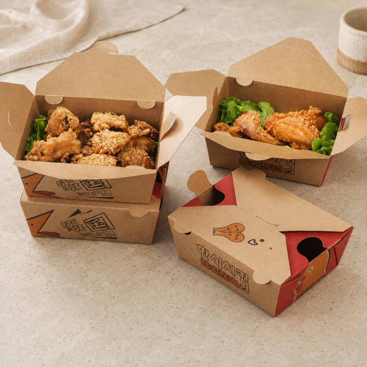 Printed Fried Chicken Clamshell Boxes Four printed kraft chicken cartons with open food-filled boxes and a closed four-flap box in front