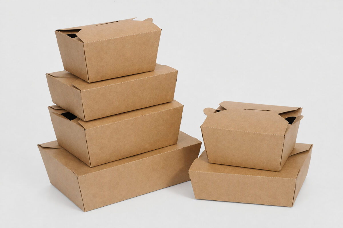 Six plain kraft takeaway cartons in two stacks showing folding closures