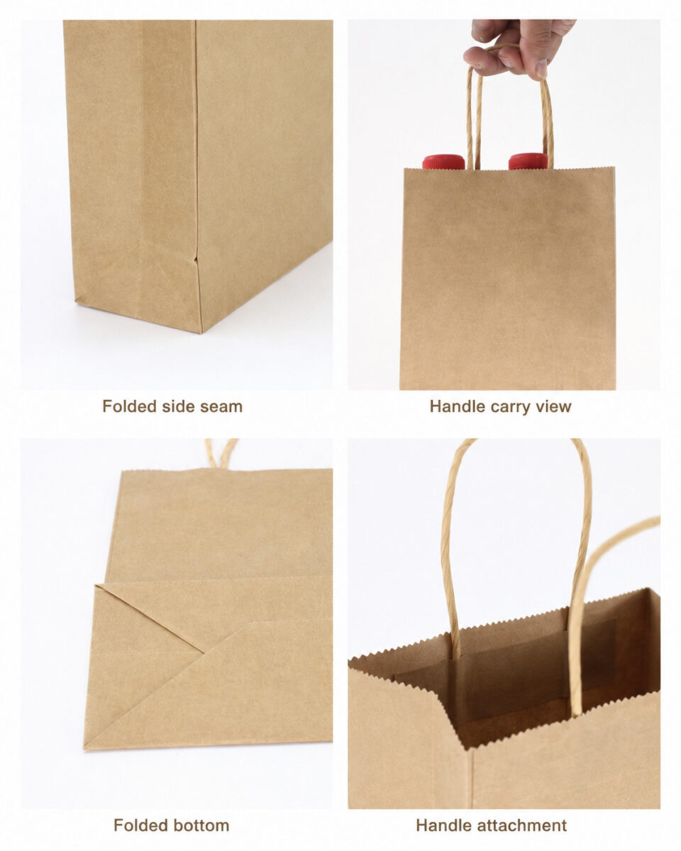 Kraft paper bag construction views showing side seam, carry handles, folded bottom and handle attachment