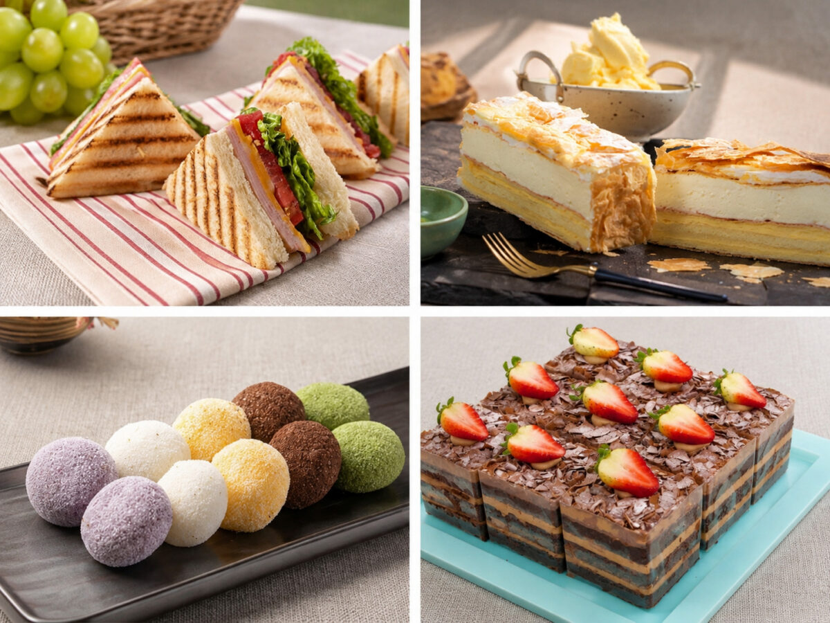 Food application collage showing sandwiches, cream pastries, coated desserts and strawberry-topped chocolate cake