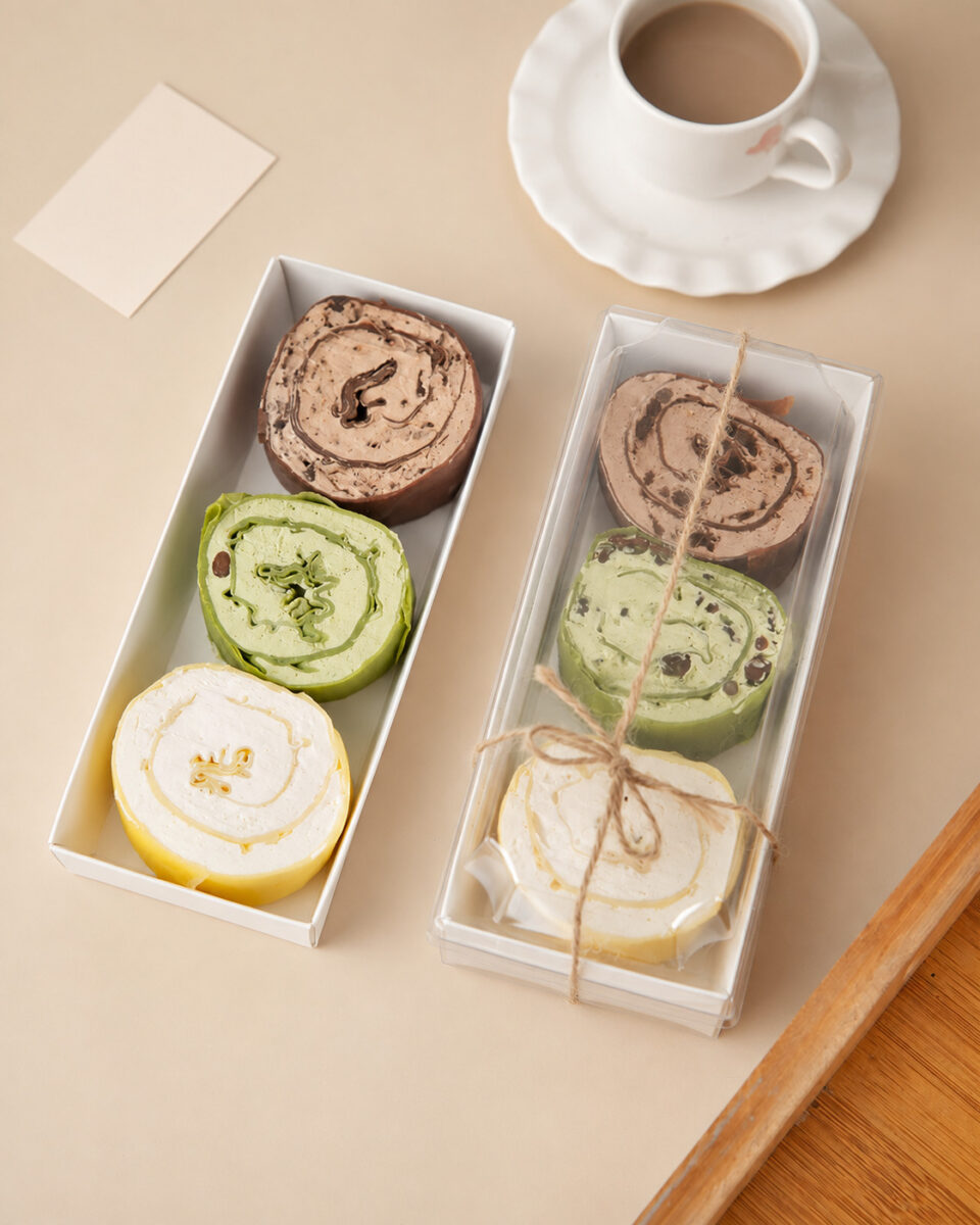 Two long white dessert trays holding chocolate, matcha and yellow roll-cake slices