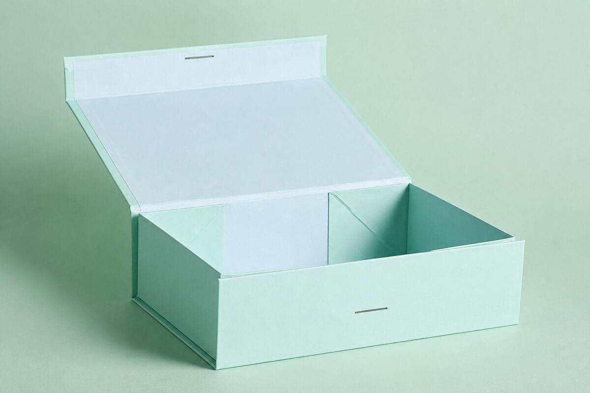 Open mint folding gift box with an attached lid and triangular corner creases