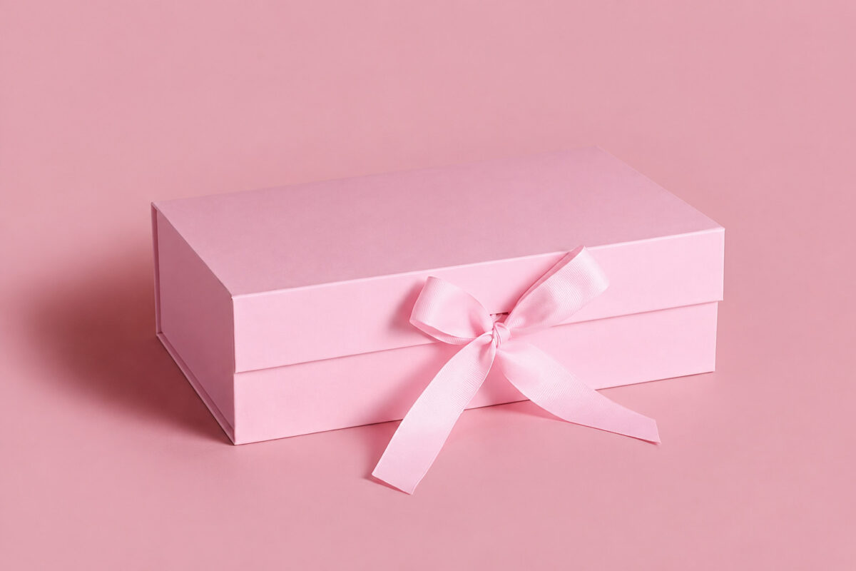 Closed pink ribbon gift box on a pink tabletop
