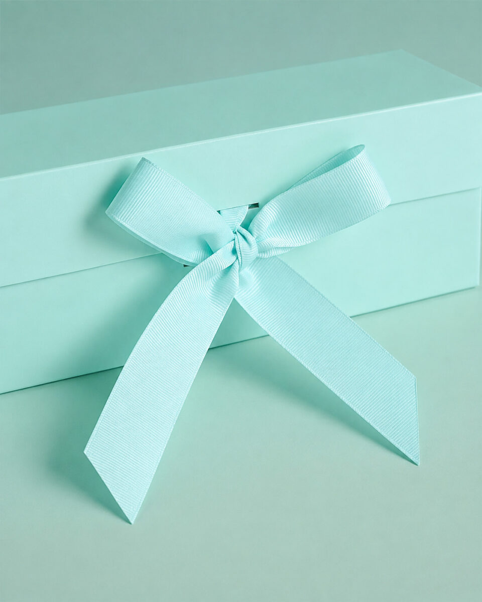 Close-up of a mint grosgrain bow on a folding gift box