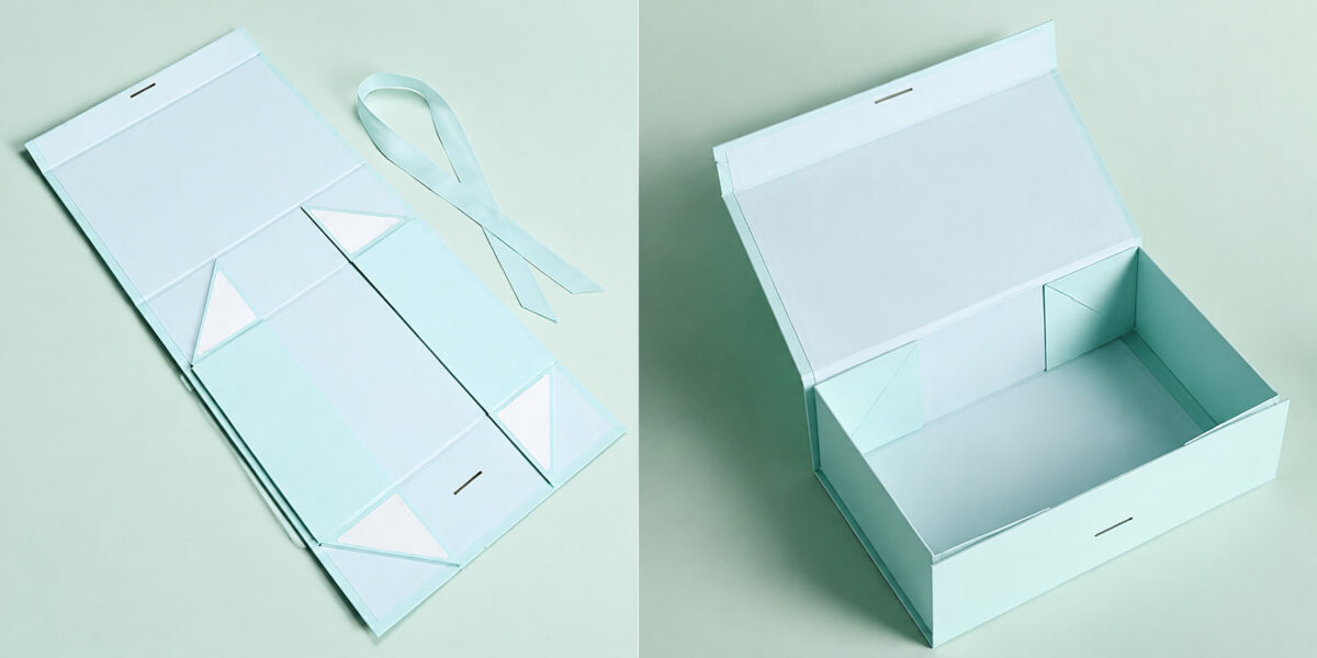 Two views of a mint folding gift box laid flat and assembled