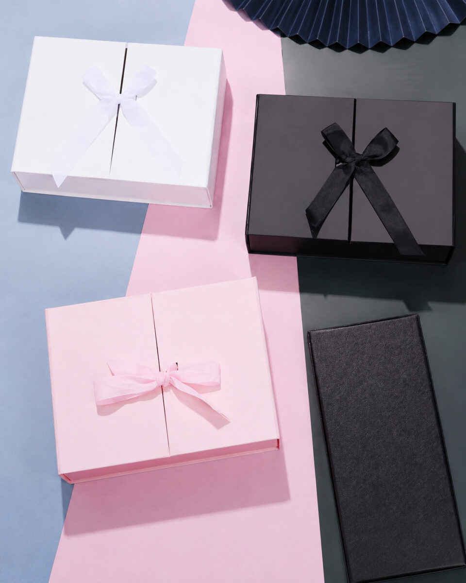 White, black and pink split-lid ribbon gift boxes with a narrow black box sample