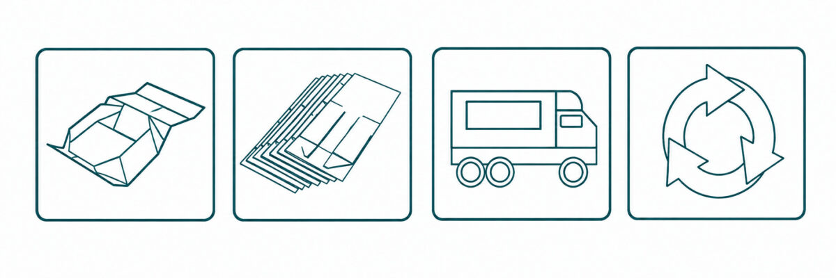 Line illustrations of a folding carton, flat blanks, delivery and a circular-arrow symbol
