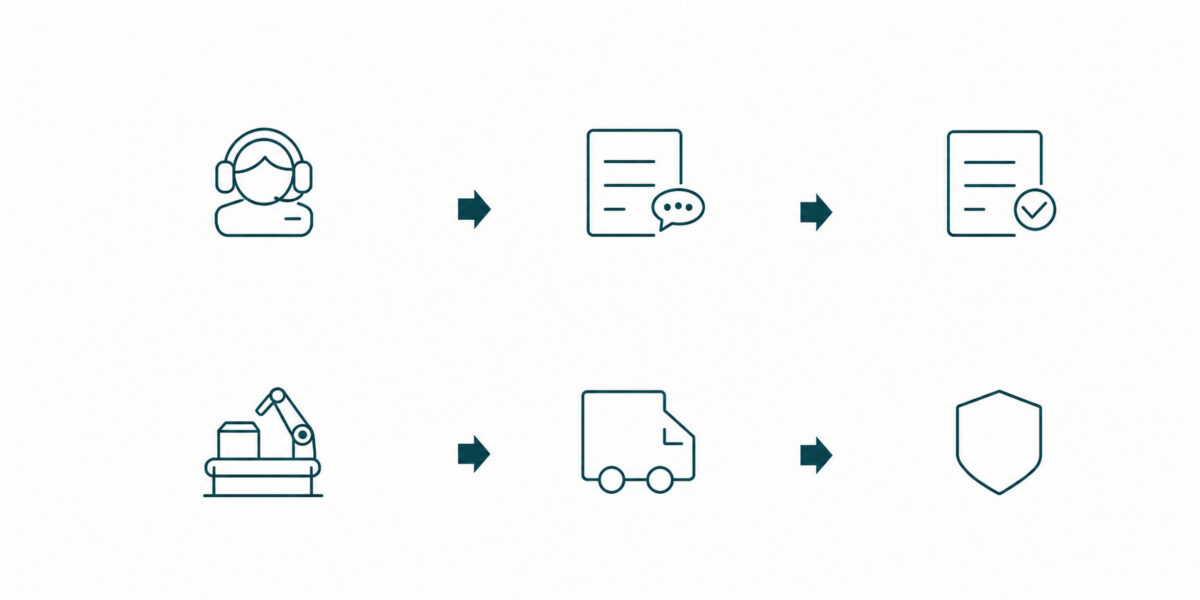 Six icons illustrating a packaging project workflow
