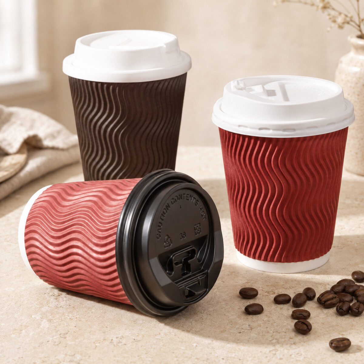 Ripple Wall Coffee Cups with Lids Three wavy-rib takeaway cups with white lids and a black lid marked 38 on the front red cup