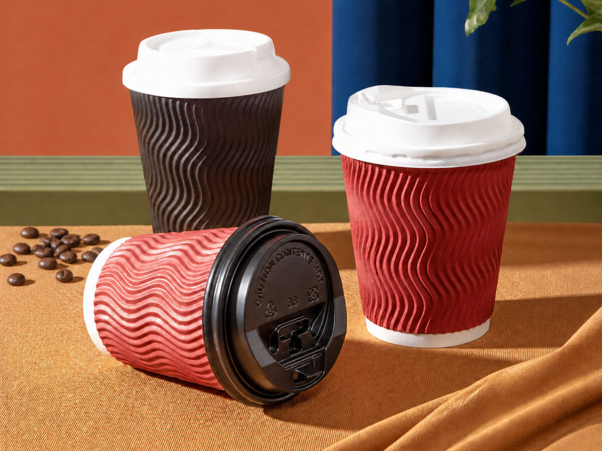 Three ripple wall coffee cups with white lids and a foreground black sipping lid