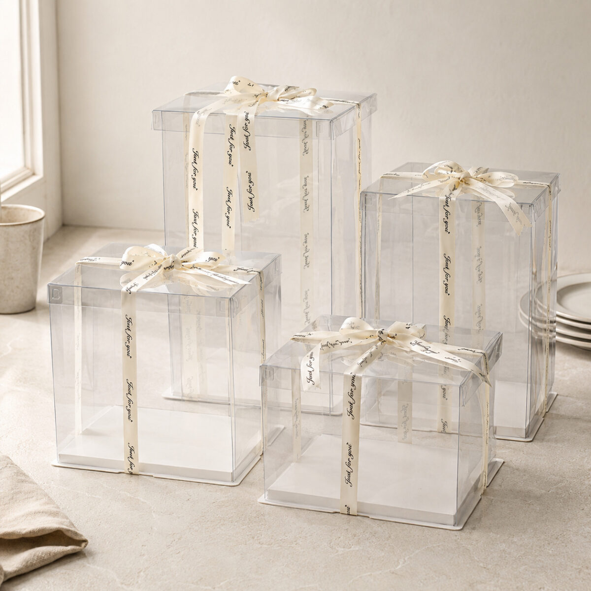Square Clear Cake Boxes with Transparent Lids Four square clear cake boxes with transparent folded lids, white square bases and ivory Just for you ribbons
