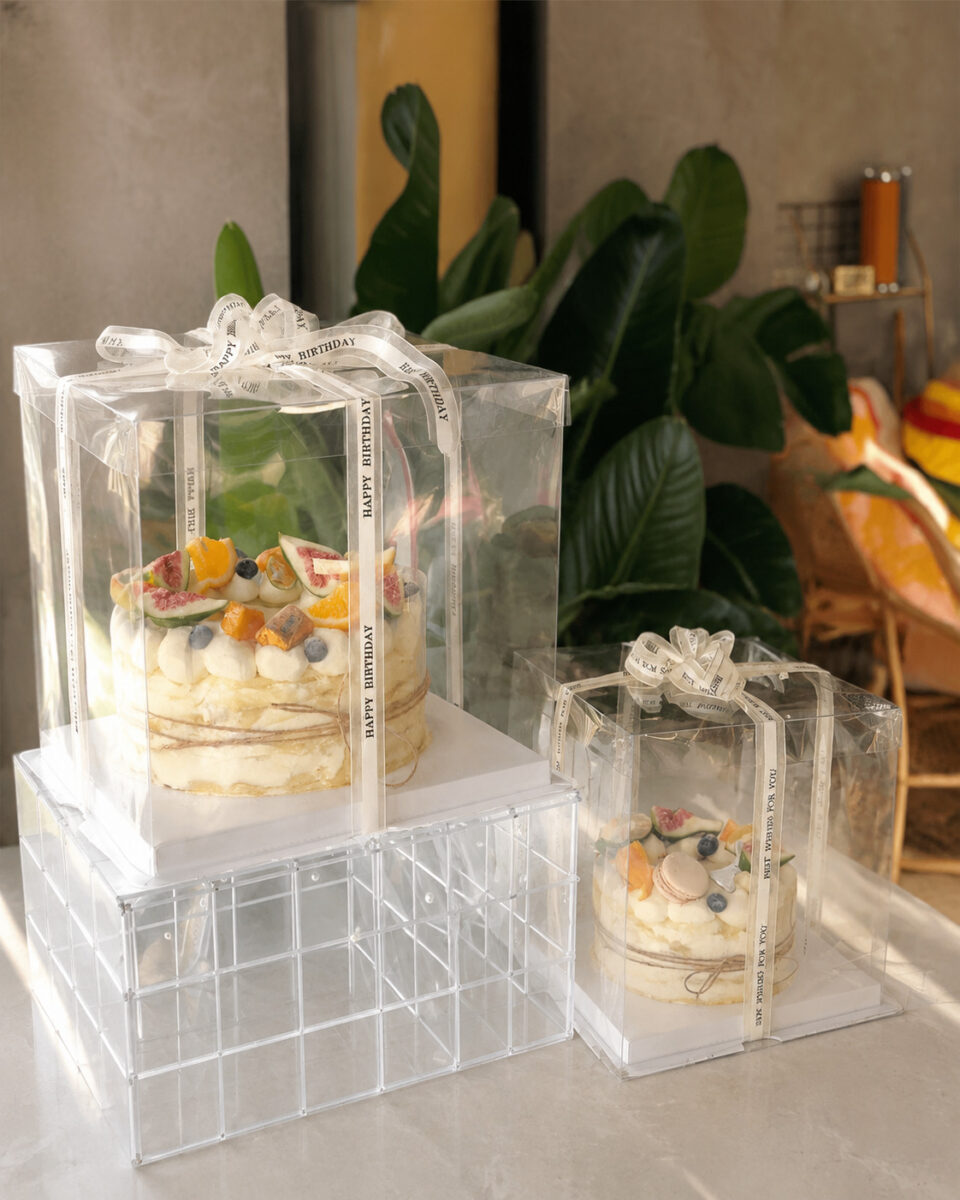 Two clear square cake boxes tied with printed ribbons on clear acrylic display stands