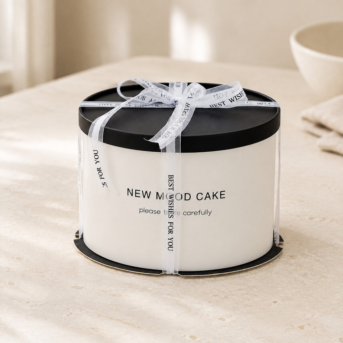 Round Paper Cake Boxes with Contrast Rims Round white paper cake box with a black lid and base, transparent outer sleeve and Best Wishes for You ribbon