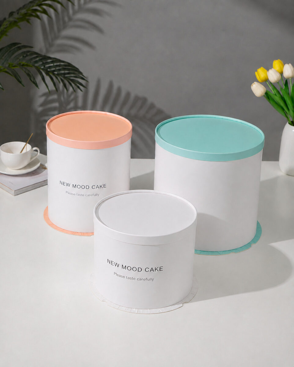 Three white round cake boxes with peach, mint and white lids and base rims
