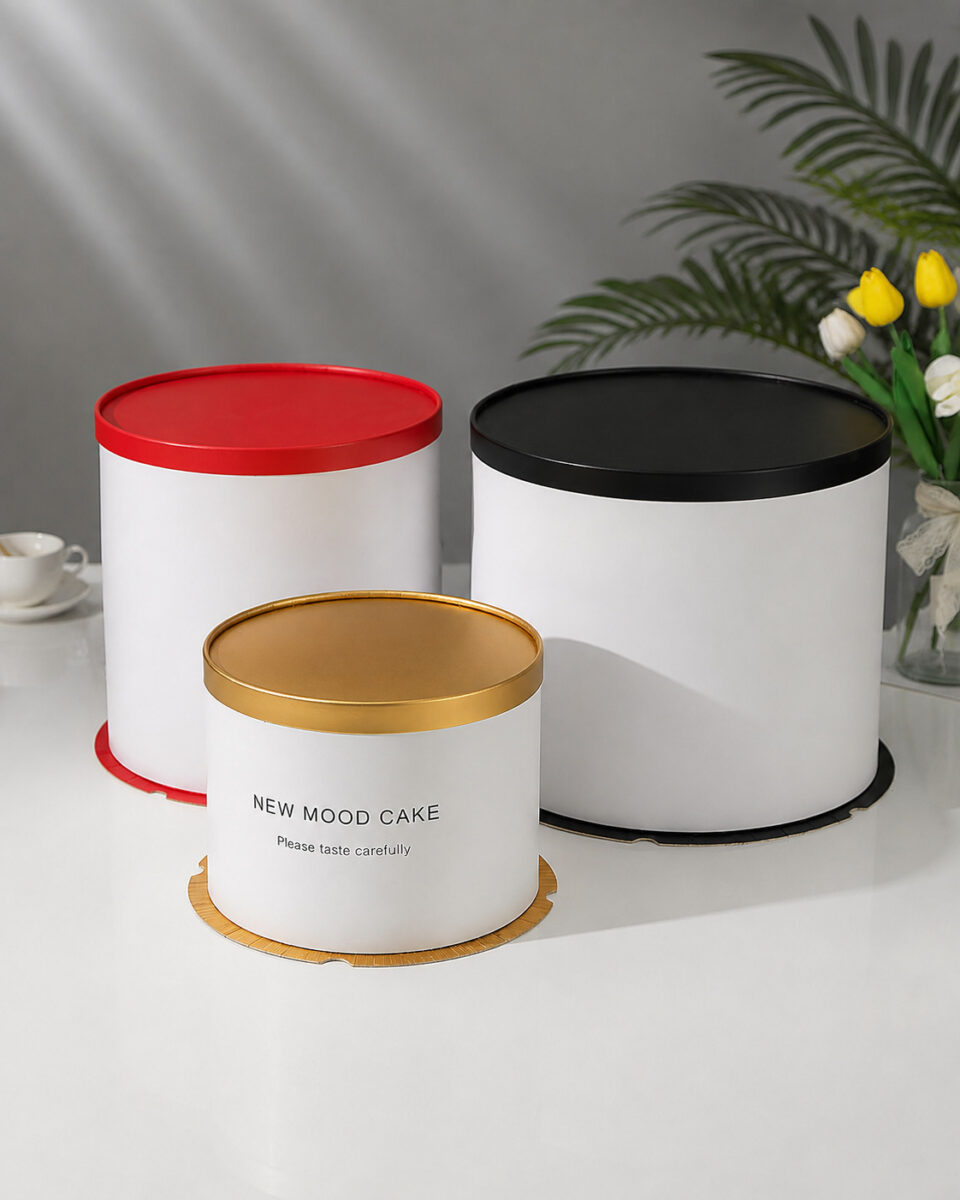Three white round cake boxes with red, black and gold lids and matching base rims