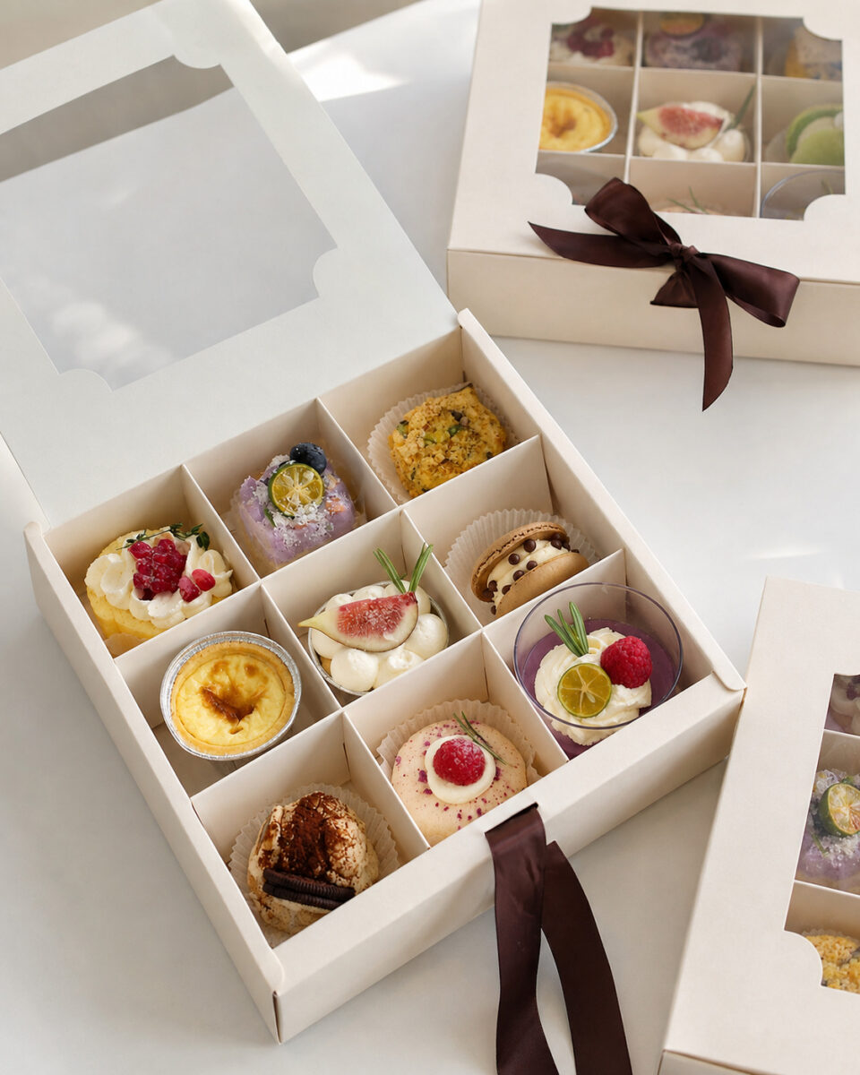 Open white pastry gift box with nine divided desserts and brown ribbon