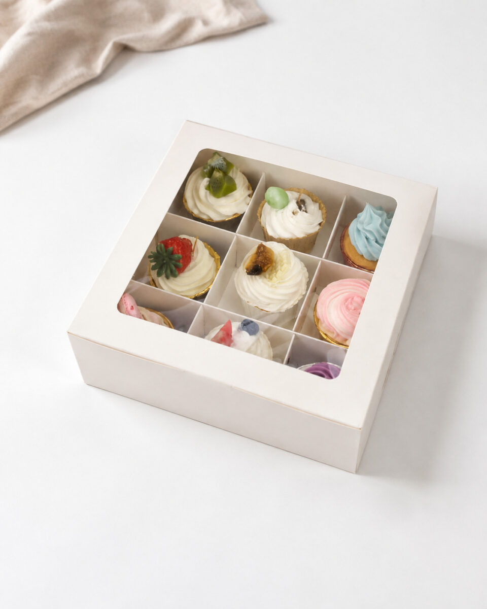 White window cupcake assortment box with nine separate compartments
