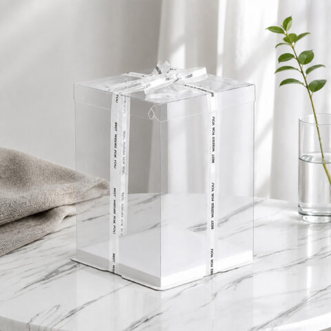 Tall transparent square cake display box with a white base and Best Wishes for You ribbon