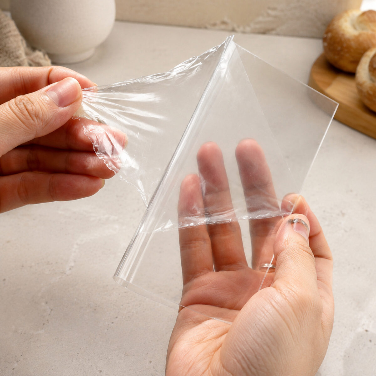 Hands peeling a thin protective film from a transparent cake-box wall panel
