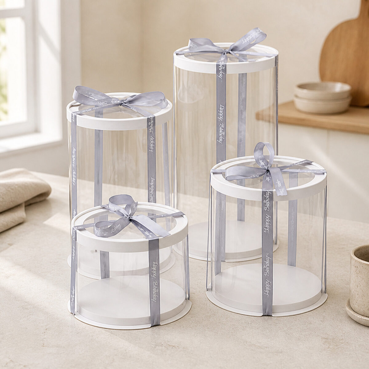 Four clear round cake boxes of different heights with white rims and silver-grey Happy Birthday ribbons