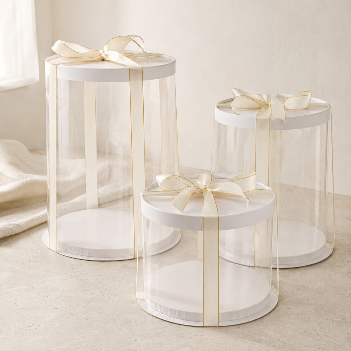 Three clear round cake boxes with white lids and bases tied with ivory ribbons edged in gold
