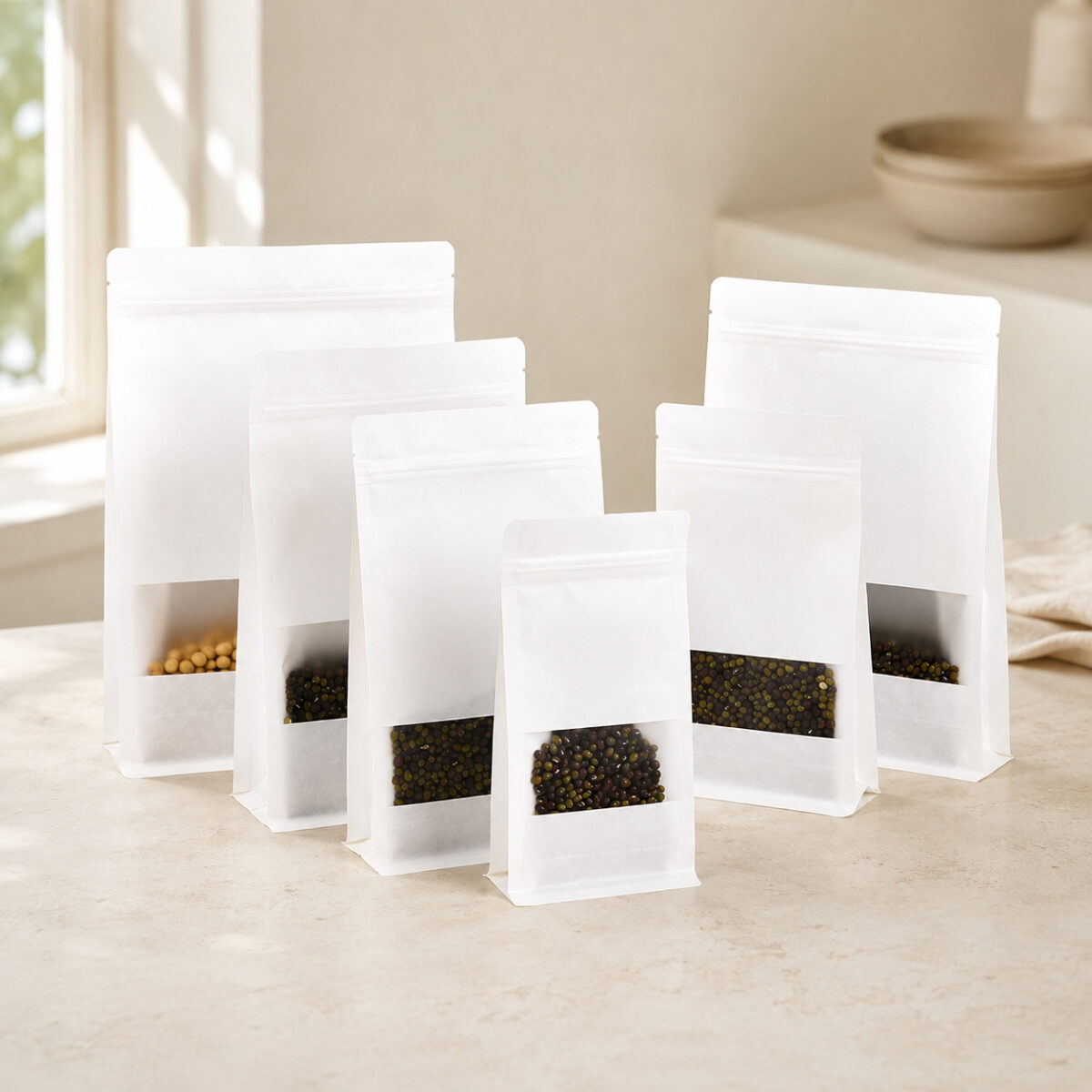 White Paper Food Bags with Clear Windows Six white stand-up pouches in different sizes with clear lower windows showing dry beans and grains