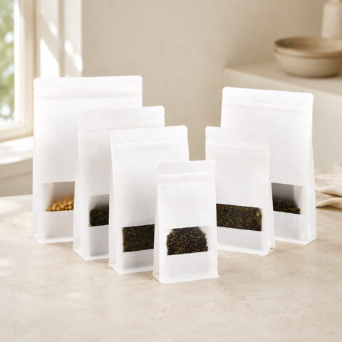 White Paper Food Bags with Clear Windows Six white stand-up pouches in different sizes with clear lower windows showing dry beans and grains