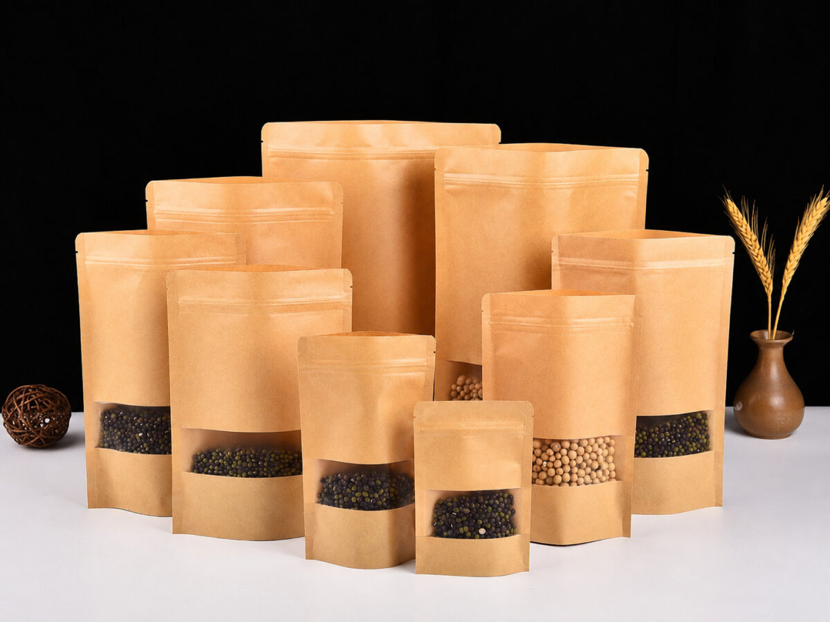 Nine kraft window pouches in graduated sizes with peppercorns and soybeans on a white table