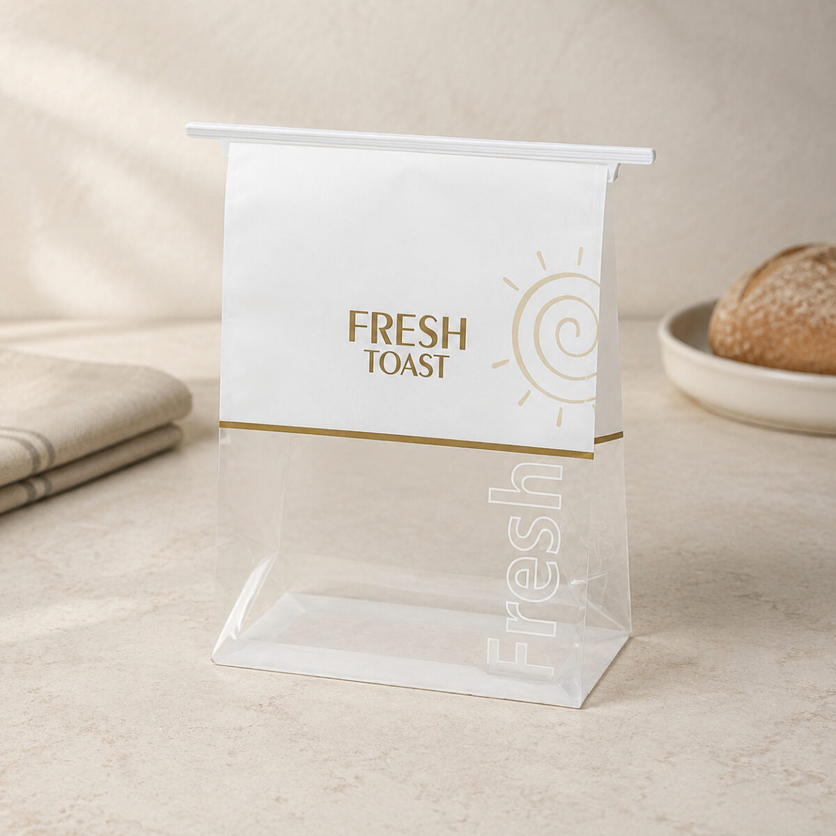 Window Bread Bags with Printed Upper Panels Window bread bag with a white Fresh Toast printed upper panel and clear lower gusset on a pale bakery counter