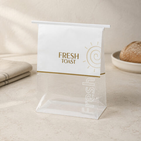 Window bread bag with a white Fresh Toast printed upper panel and clear lower gusset on a pale bakery counter