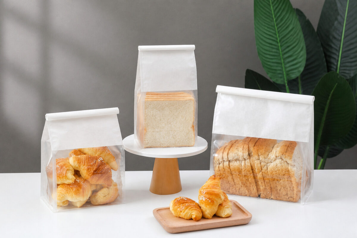 Three white paper bread bags with clear front windows holding bread and croissants