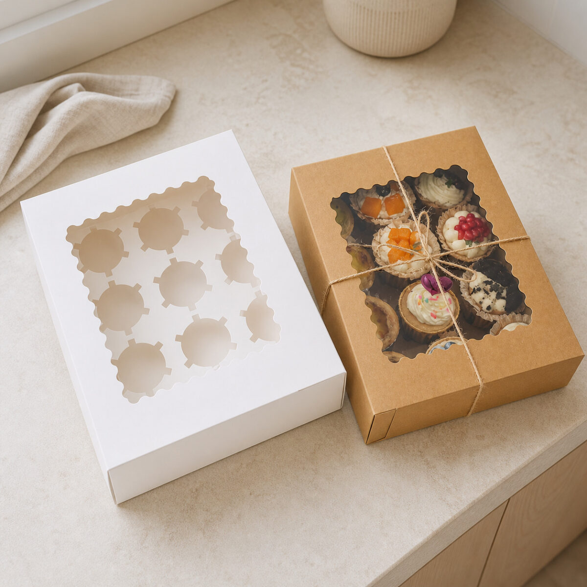 Choose a Dessert Packaging Format by Portion Shape White and kraft window cupcake boxes, showing the empty tabbed insert and a twine-tied filled box