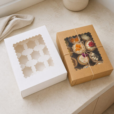 Window Cupcake Boxes with Cavity Inserts White and kraft window cupcake boxes, showing the empty tabbed insert and a twine-tied filled box